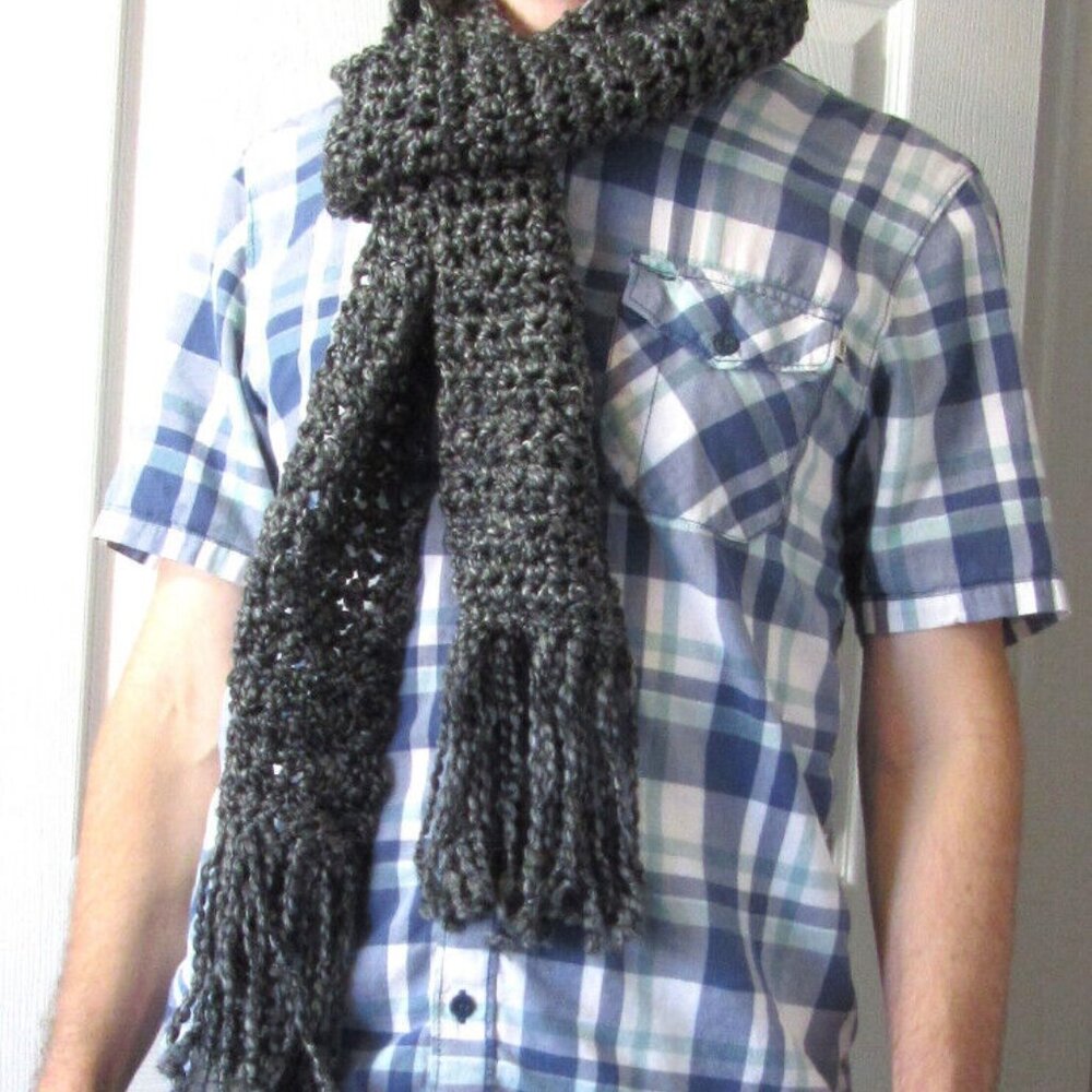 Black White Tweed Scarf 87"x5" Goth Chunky Handmade Crochet Hand Knit Unisex NWT